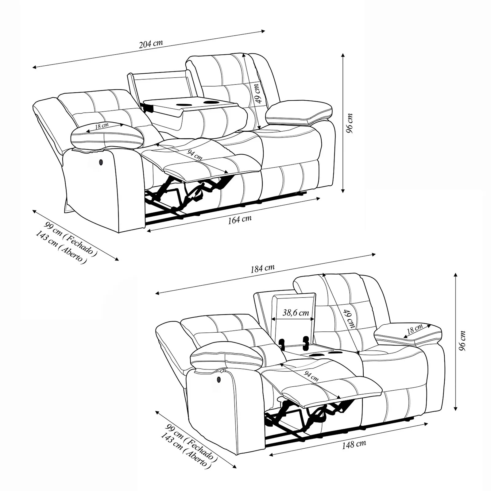 Conjunto Poltronas Sala de Cinema 2 e 3 Lugares Hollywood com Massagem/Aquecimento Elétrica PU Preto G31 - Gran Belo