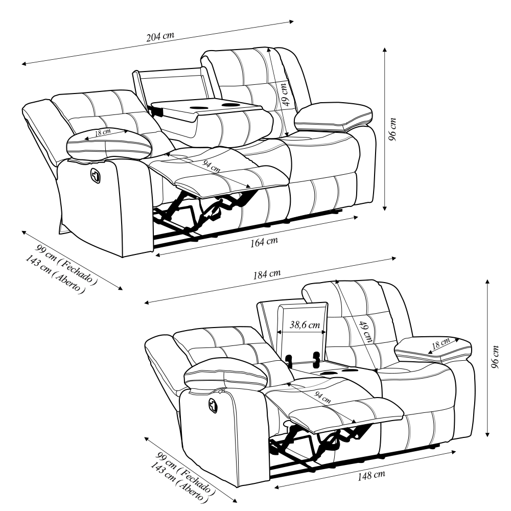Conjunto Poltronas Sala de Cinema 2 e 3 Lugares Hollywood com Massagem/Aquecimento PU Preto G31 - Gran Belo