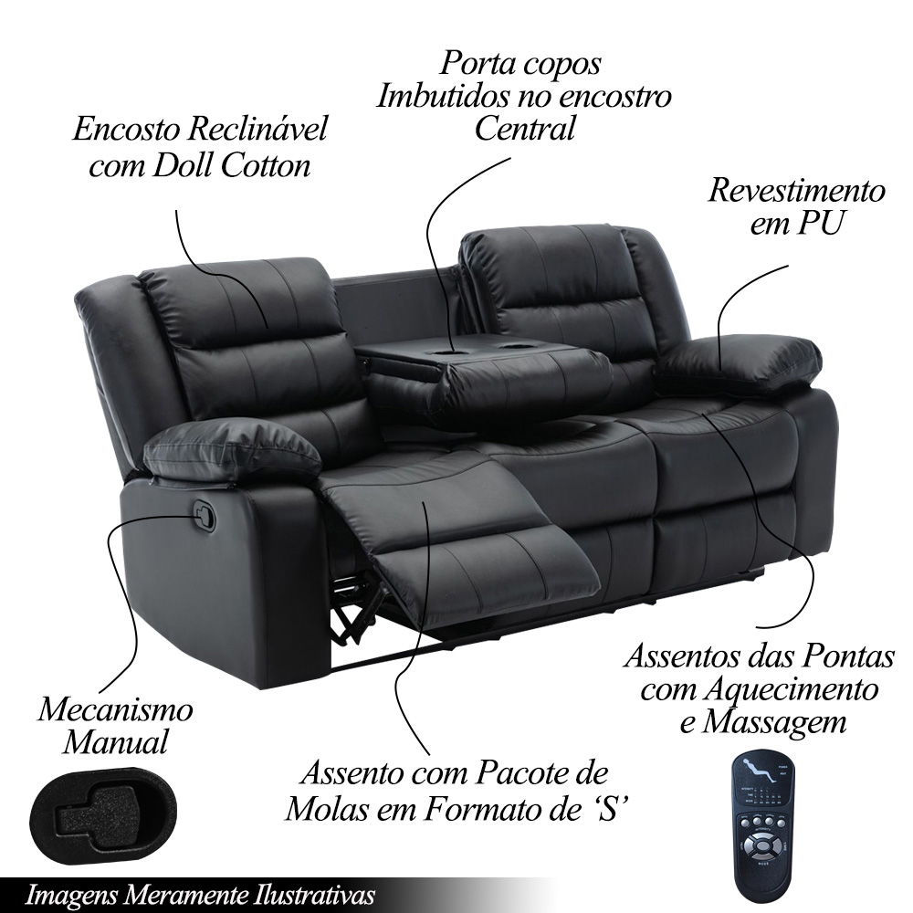 Conjunto Poltronas Sala de Cinema 2 e 3 Lugares Hollywood com Massagem/Aquecimento PU Preto G31 - Gran Belo