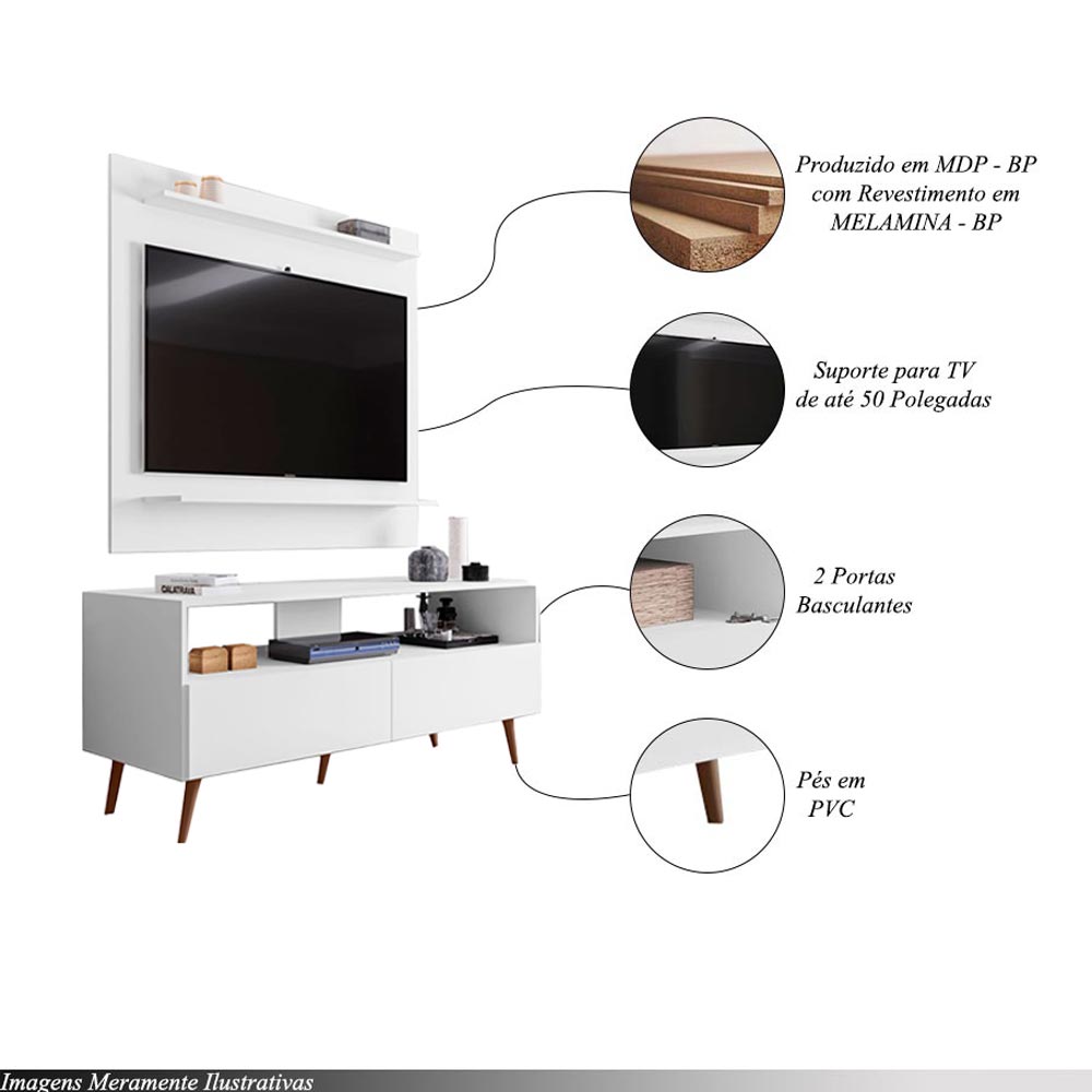Conjunto Rack Bancada e Painel Adawi/Linden MDP/BP para TVs até 55 Branco G96 - Gran Belo