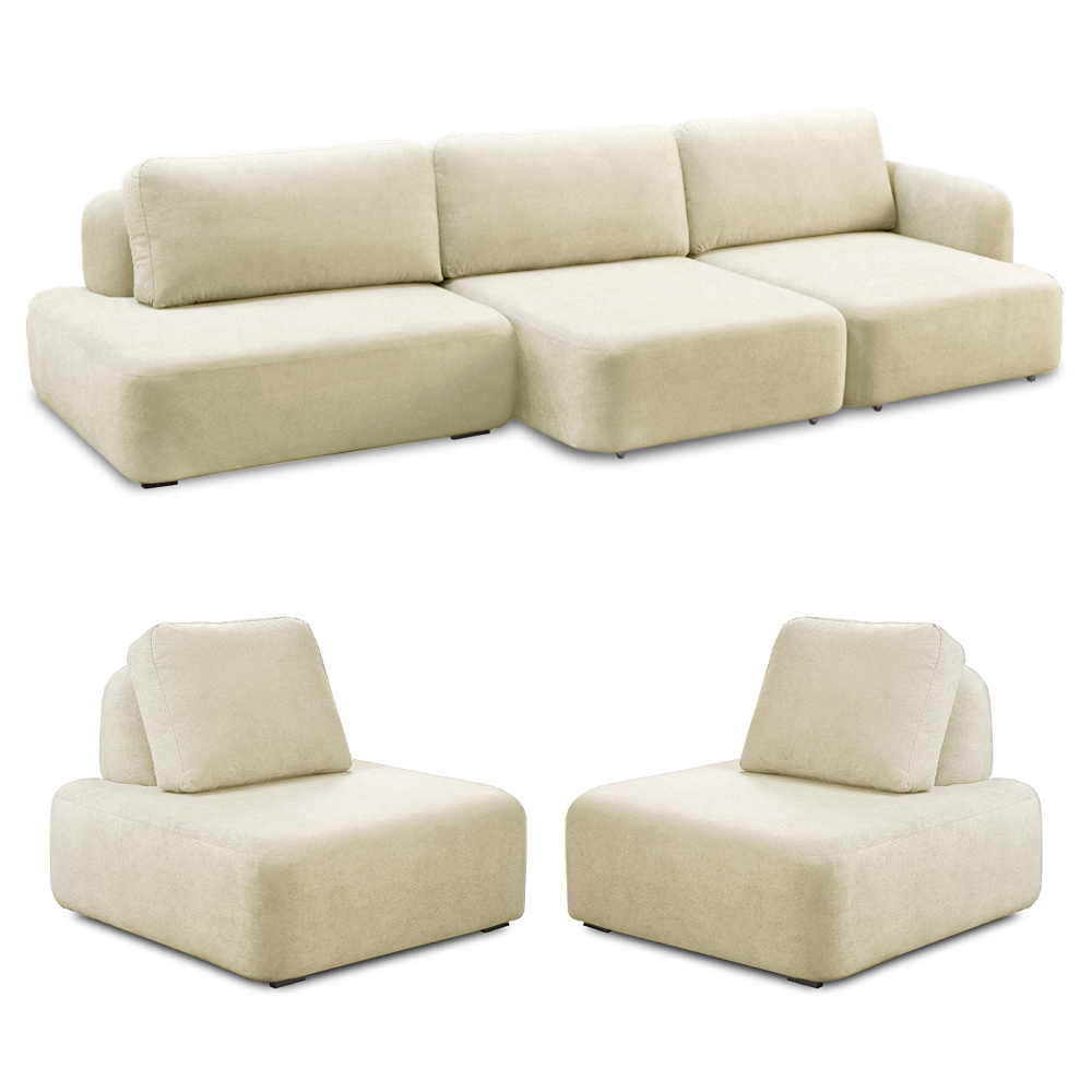 Conjunto Sala de Estar 1 Sofá Retrátil Modulado 282cm e 2 Poltronas Santiago Bouclê Off White G89 - Gran Belo