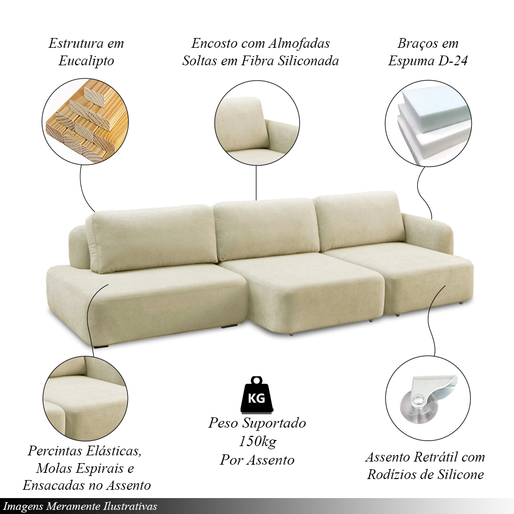 Conjunto Sala de Estar 1 Sofá Retrátil Modulado 342cm e 2 Poltronas Santiago Bouclê Off White G89 - Gran Belo