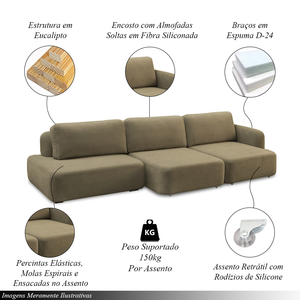Conjunto Sala de Estar 1 Sofá Retrátil Modulado 372cm e 1 Poltrona Santiago Bouclê Castor G89 - Gran Belo