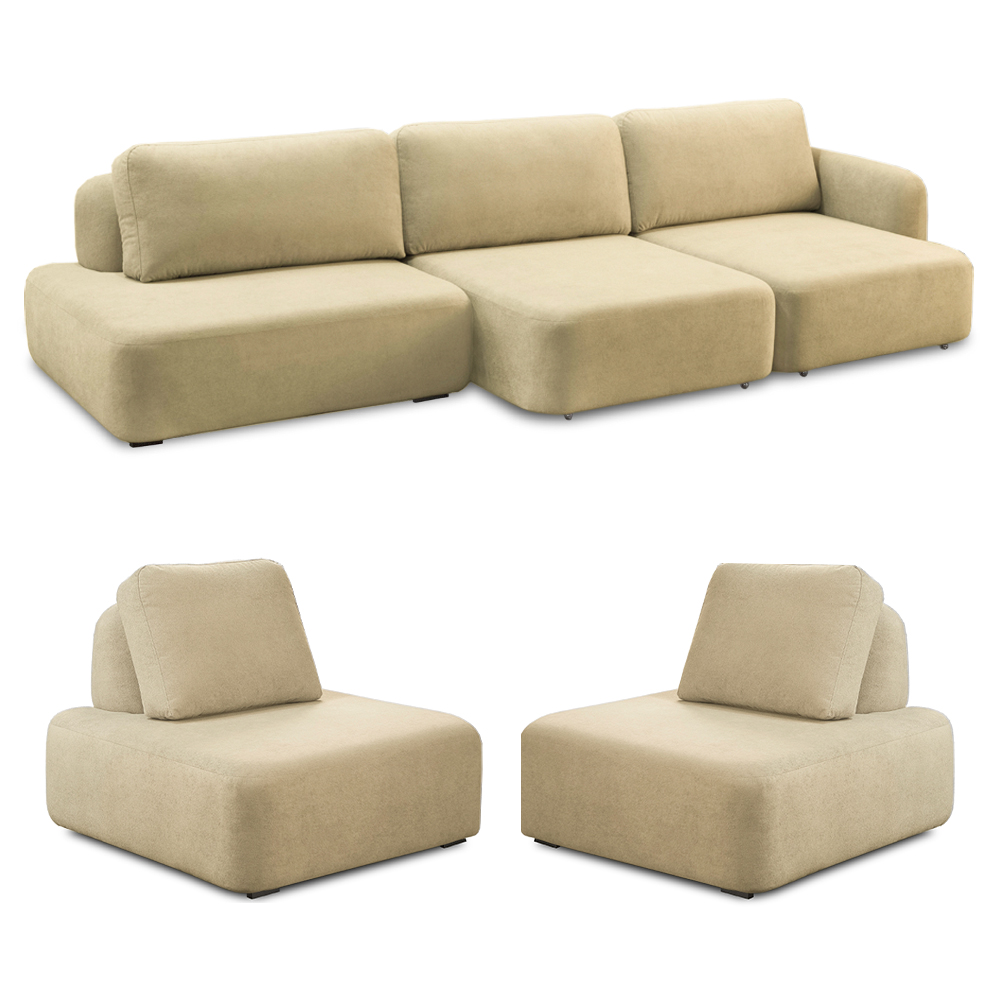 Conjunto Sala de Estar 1 Sofá Retrátil Modulado 372cm e 2 Poltronas Santiago Bouclê Bege G89 - Gran Belo