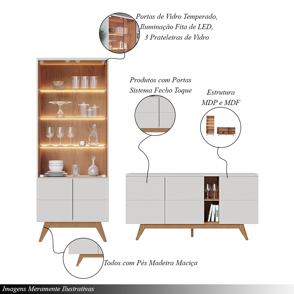 Conjunto Sala de Estar Cristaleira Buffet Aparador Mesa de Centro Decorativa Sancho Off White G73 - Gran Belo