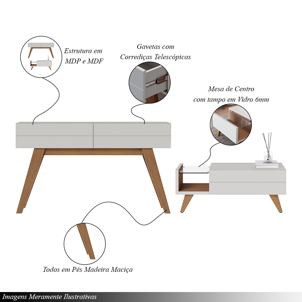 Conjunto Sala de Estar Cristaleira Buffet Aparador Mesa de Centro Decorativa Sancho Off White G73 - Gran Belo