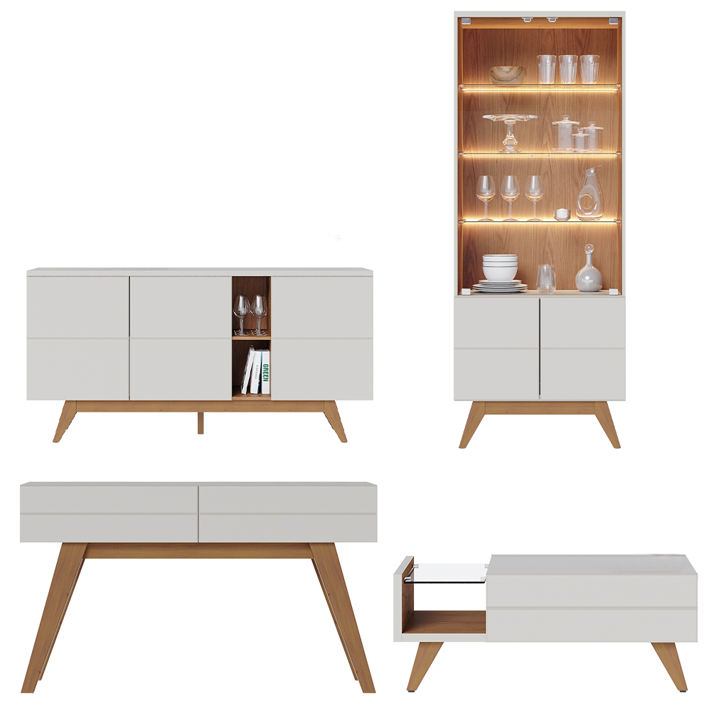 Conjunto Sala de Estar Cristaleira Buffet Aparador Mesa de Centro Decorativa Sancho Off White G73 - Gran Belo