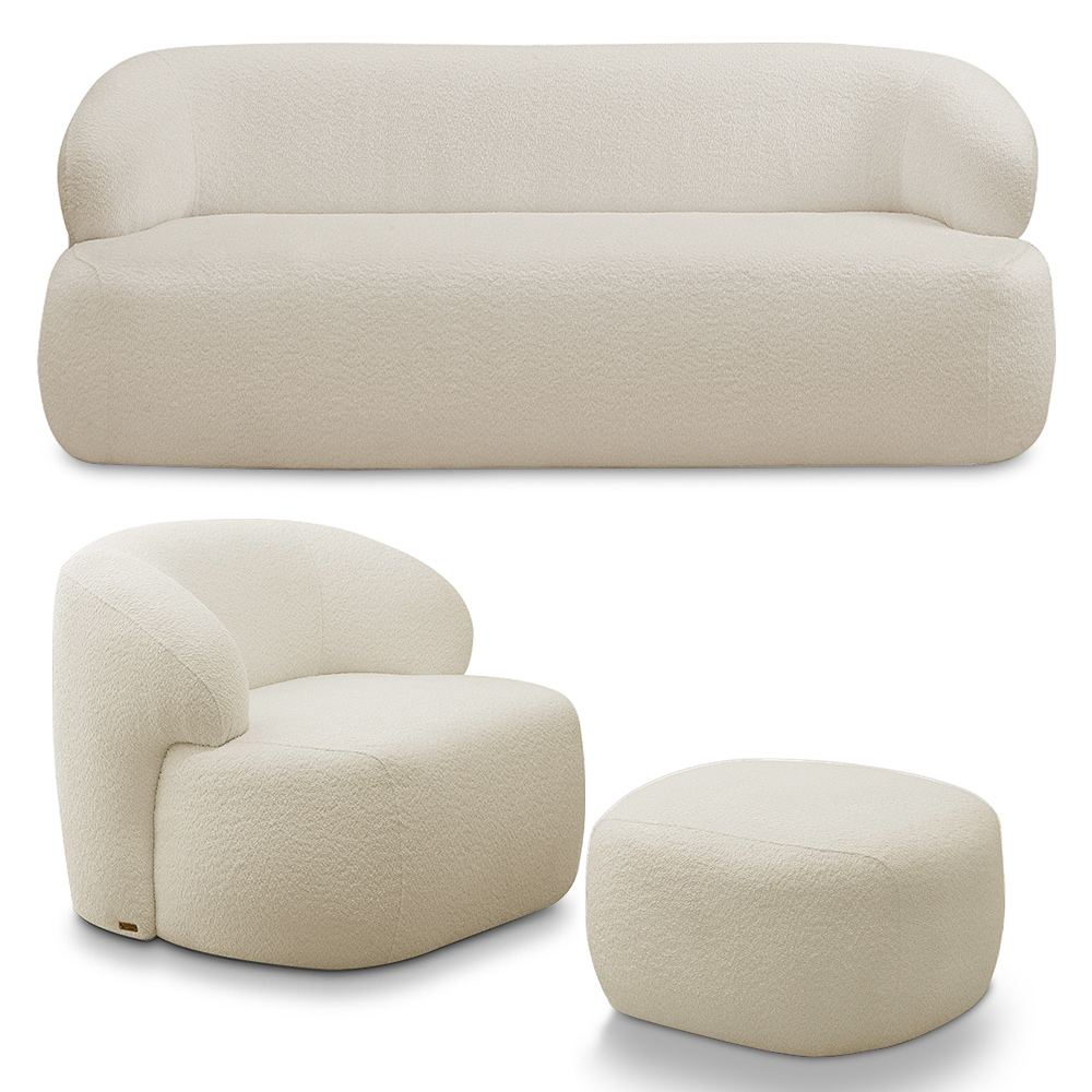 Conjunto Sala de Estar Decorativo Charlote 1 Poltrona Namoradeira 150cm 1 Poltrona Base Fixa com Puff Bouclê Bege G88 - Gran Belo