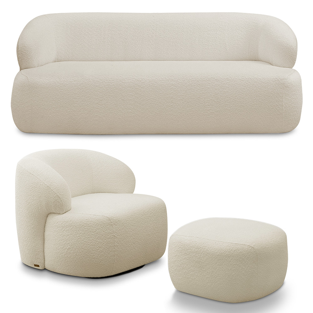 Conjunto Sala de Estar Decorativo Charlote 1 Poltrona Namoradeira 150cm 1 Poltrona Base Giratória em Aço com Puff Bouclê Bege G88 - Gran Belo