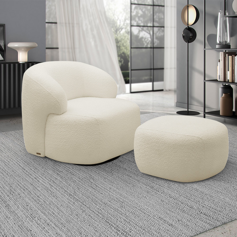 Conjunto Sala de Estar Decorativo Charlote 1 Poltrona Namoradeira 150cm 1 Poltrona Base Giratória em Aço com Puff Bouclê Bege G88 - Gran Belo