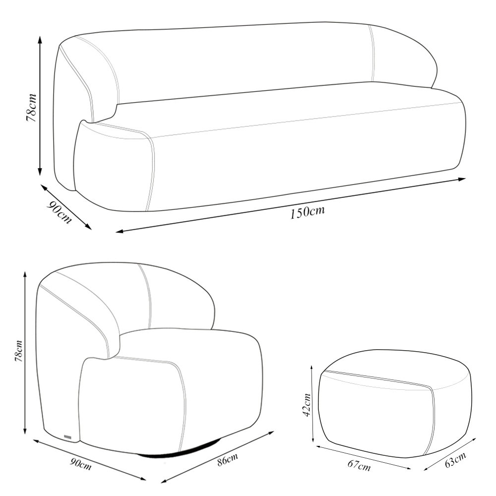 Conjunto Sala de Estar Decorativo Charlote 1 Poltrona Namoradeira 150cm 1 Poltrona Base Giratória em Aço com Puff Bouclê Bege G88 - Gran Belo