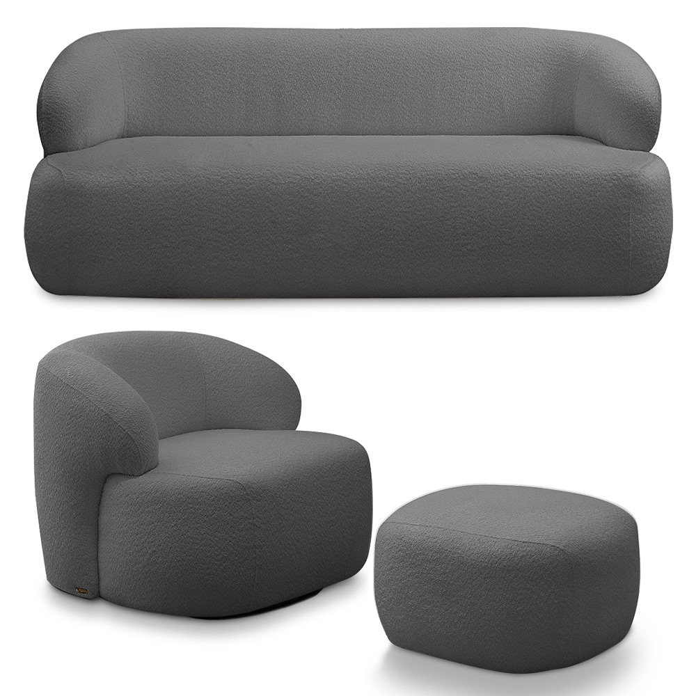 Conjunto Sala de Estar Decorativo Charlote 1 Poltrona Namoradeira 150cm 1 Poltrona Base Giratória em Aço com Puff Bouclê Grafite G88 - Gran Belo