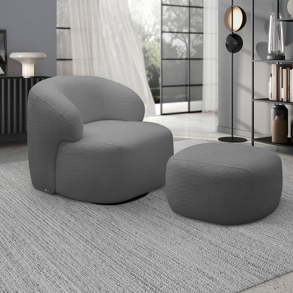 Conjunto Sala de Estar Decorativo Charlote 1 Poltrona Namoradeira 150cm 1 Poltrona Base Giratória em Aço com Puff Bouclê Grafite G88 - Gran Belo