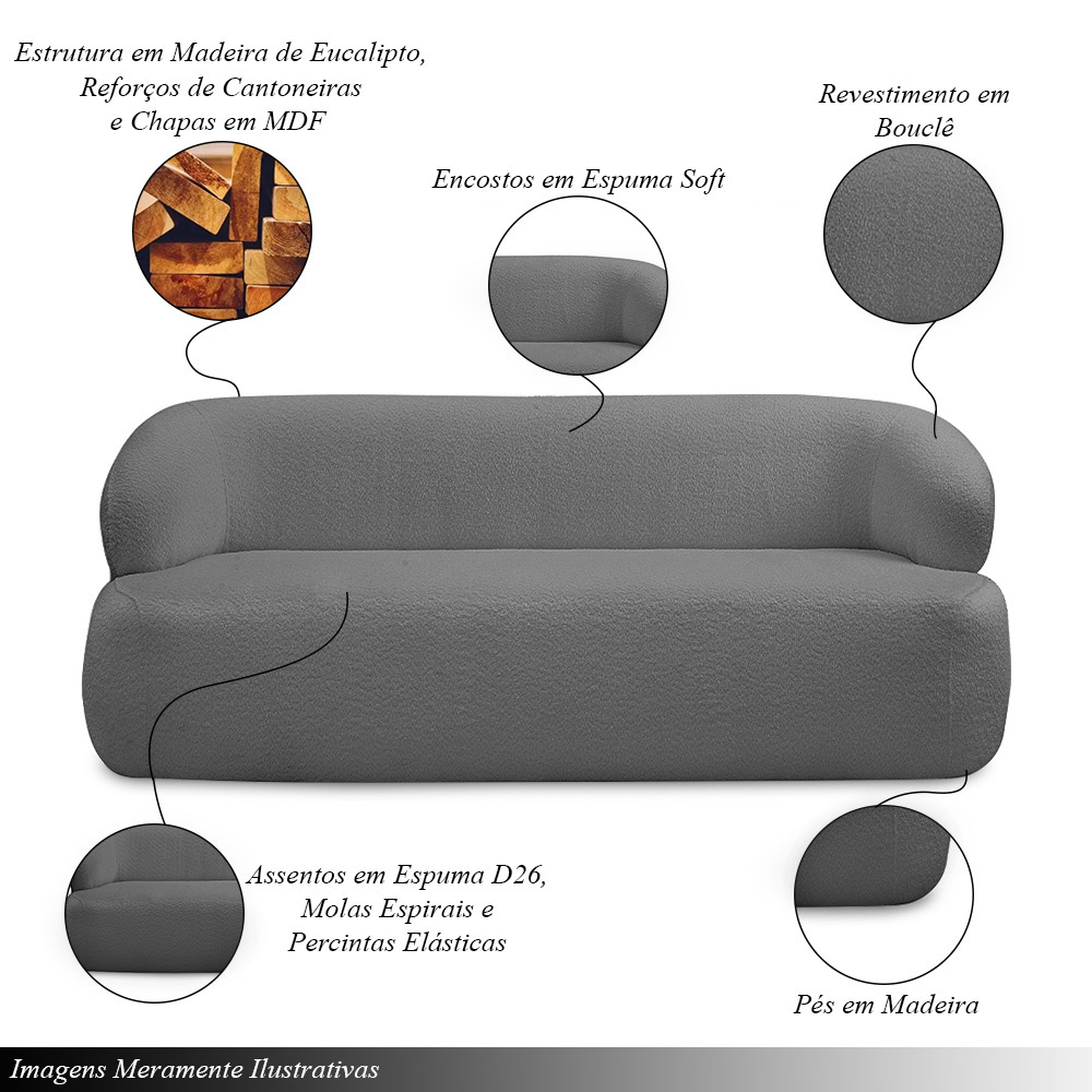 Conjunto Sala de Estar Decorativo Charlote 1 Poltrona Namoradeira 150cm 1 Poltrona Base Giratória em Aço com Puff Bouclê Grafite G88 - Gran Belo