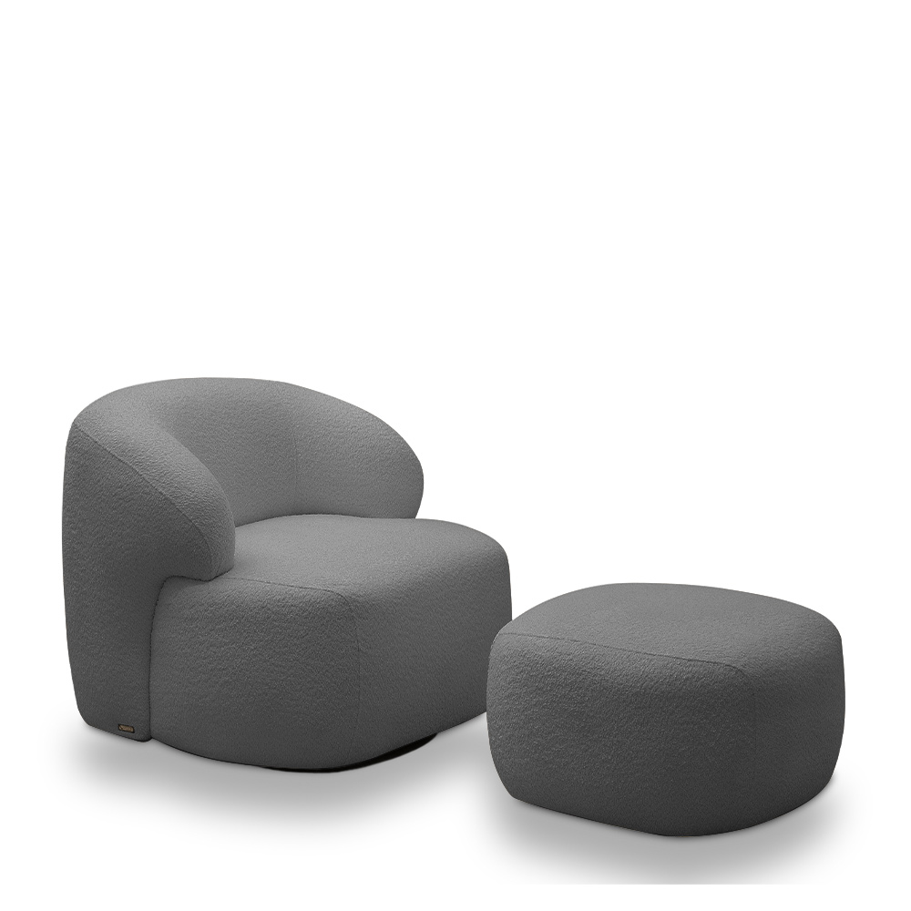 Conjunto Sala de Estar Decorativo Charlote 1 Poltrona Namoradeira 150cm 1 Poltrona Base Giratória em Aço com Puff Bouclê Grafite G88 - Gran Belo