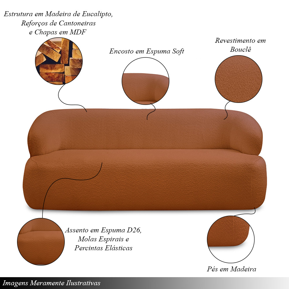 Conjunto Sala de Estar Decorativo Charlote 1 Poltrona Namoradeira 150cm 1 Poltrona Base Giratória em Aço com Puff Bouclê Terracota G88 - Gran Belo