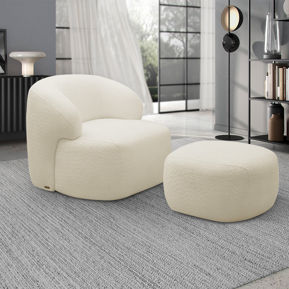 Conjunto Sala de Estar Decorativo Charlote 1 Sofá 180cm 2 Lugares 1 Poltrona Base Fixa com Puff Bouclê Bege G88 - Gran Belo