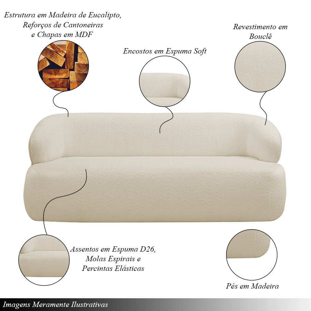 Conjunto Sala de Estar Decorativo Charlote 1 Sofá 180cm 2 Lugares 1 Poltrona Base Fixa com Puff Bouclê Bege G88 - Gran Belo