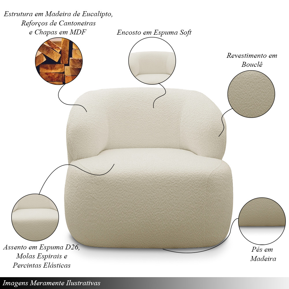 Conjunto Sala de Estar Decorativo Charlote 1 Sofá 180cm 2 Lugares 1 Poltrona Base Fixa com Puff Bouclê Bege G88 - Gran Belo