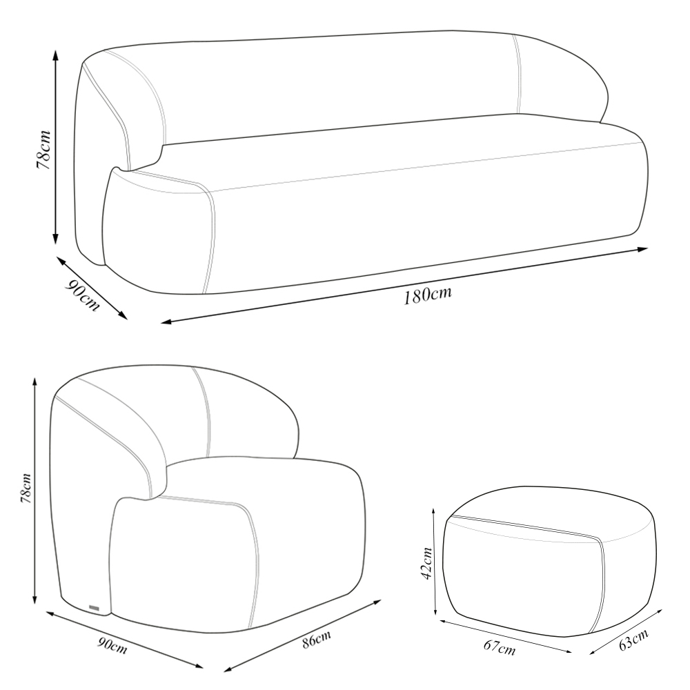 Conjunto Sala de Estar Decorativo Charlote 1 Sofá 180cm 2 Lugares 1 Poltrona Base Fixa com Puff Bouclê Bege G88 - Gran Belo