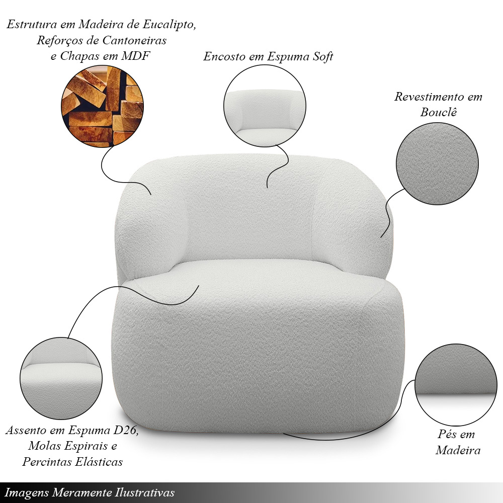 Conjunto Sala de Estar Decorativo Charlote 1 Sofá 180cm 2 Lugares 1 Poltrona Base Fixa com Puff Bouclê Cinza G88 - Gran Belo
