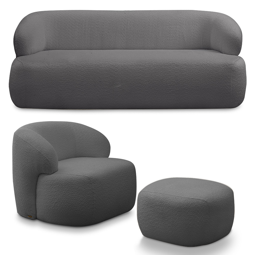 Conjunto Sala de Estar Decorativo Charlote 1 Sofá 180cm 2 Lugares 1 Poltrona Base Fixa com Puff Bouclê Grafite G88 - Gran Belo