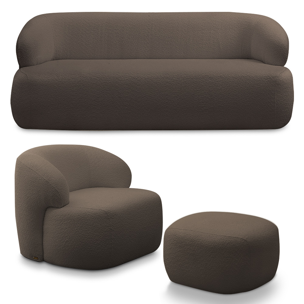 Conjunto Sala de Estar Decorativo Charlote 1 Sofá 180cm 2 Lugares 1 Poltrona Base Fixa com Puff Bouclê Marrom G88 - Gran Belo