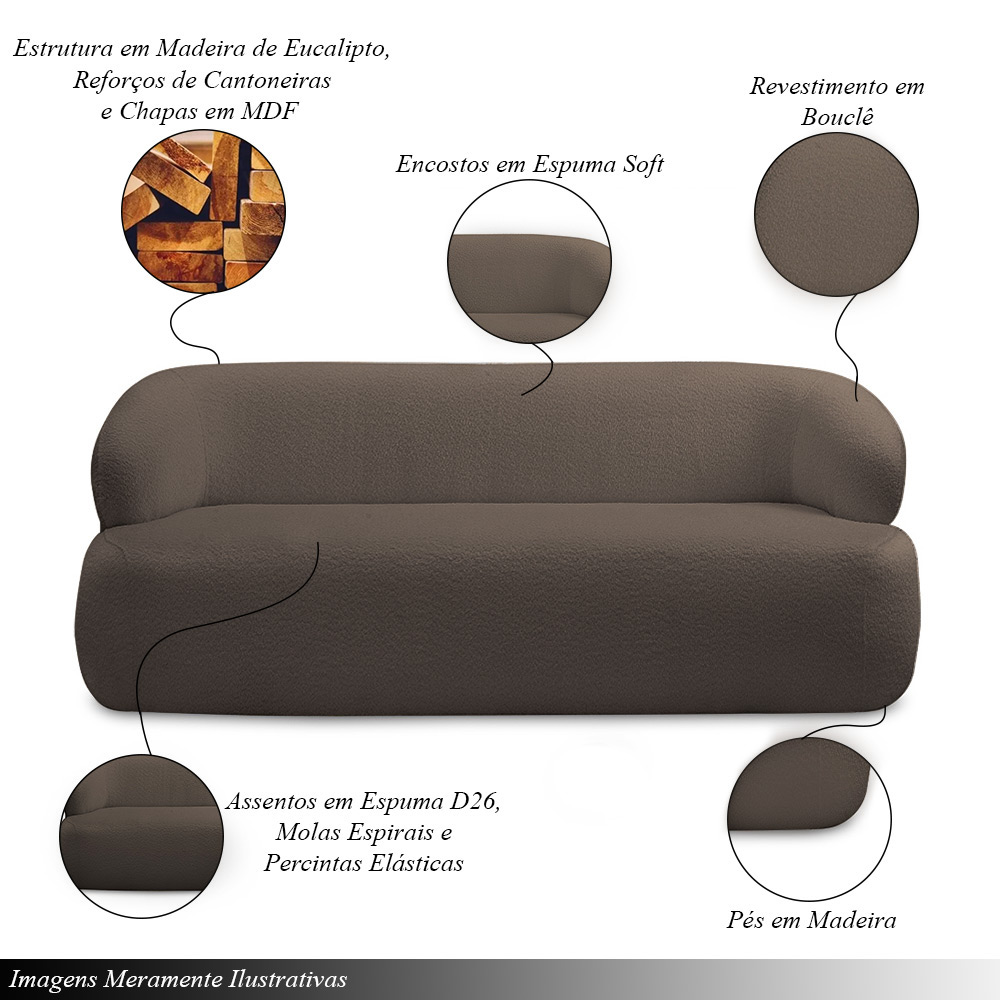 Conjunto Sala de Estar Decorativo Charlote 1 Sofá 180cm 2 Lugares 1 Poltrona Base Fixa com Puff Bouclê Marrom G88 - Gran Belo