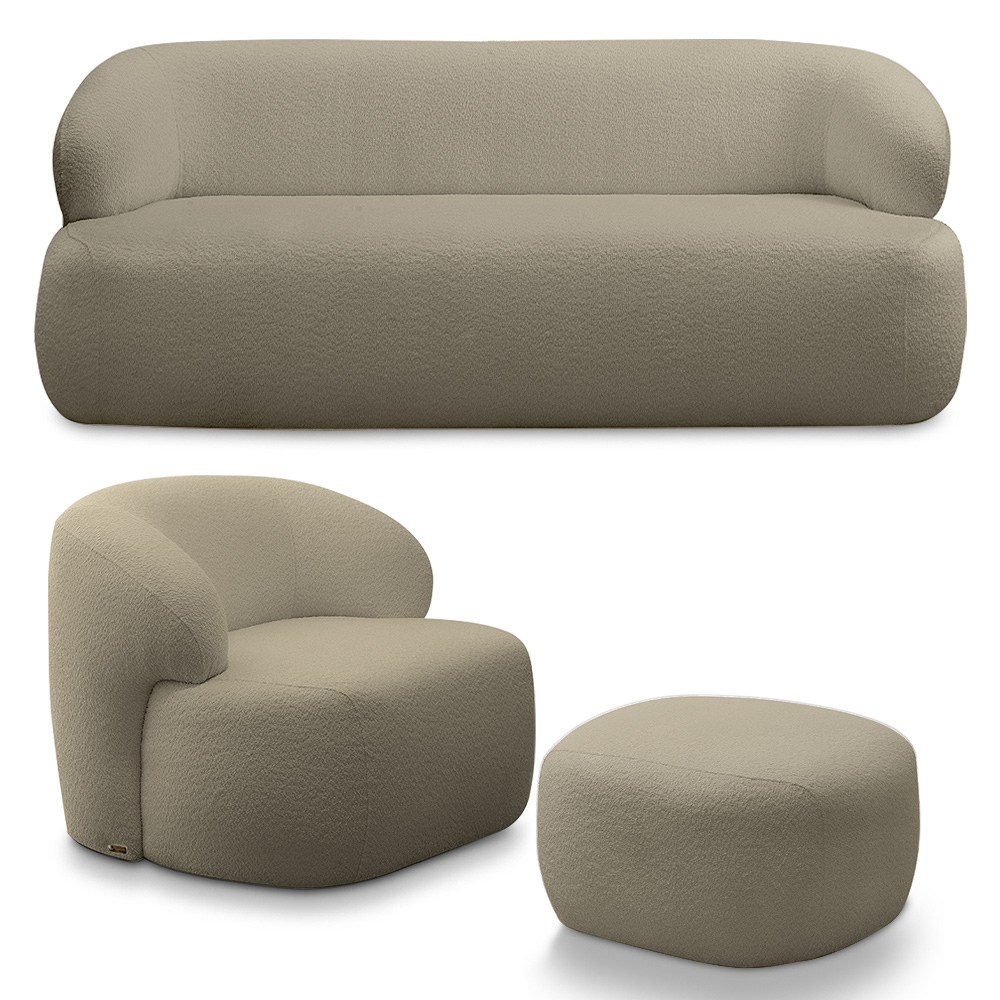 Conjunto Sala de Estar Decorativo Charlote 1 Sofá 180cm 2 Lugares 1 Poltrona Base Fixa com Puff Bouclê Nude G88 - Gran Belo