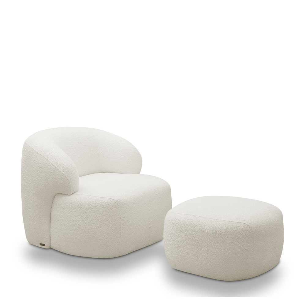 Conjunto Sala de Estar Decorativo Charlote 1 Sofá 180cm 2 Lugares 1 Poltrona Base Fixa com Puff Bouclê Off White G88 - Gran Belo