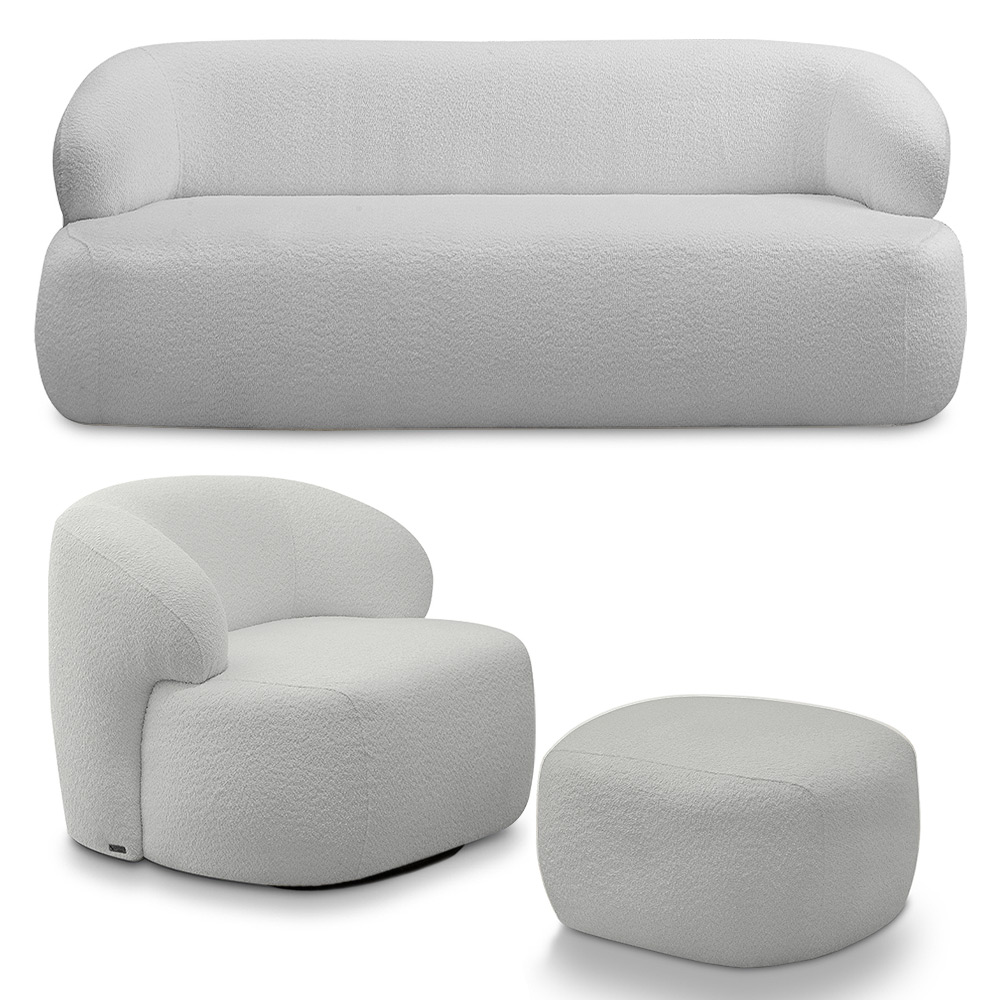 Conjunto Sala de Estar Decorativo Charlote 1 Sofá 180cm 2 Lugares 1 Poltrona Base Giratória em Aço com Puff Bouclê Cinza G88 - Gran Belo