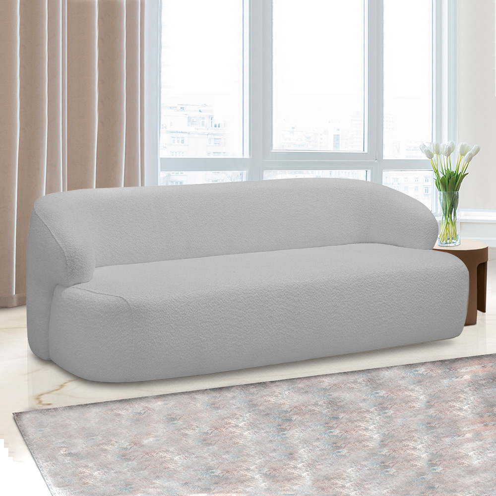 Conjunto Sala de Estar Decorativo Charlote 1 Sofá 180cm 2 Lugares 1 Poltrona Base Giratória em Aço com Puff Bouclê Cinza G88 - Gran Belo