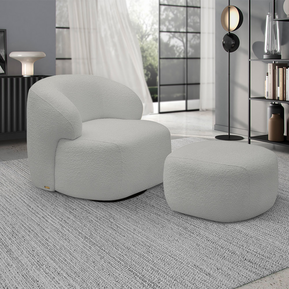 Conjunto Sala de Estar Decorativo Charlote 1 Sofá 180cm 2 Lugares 1 Poltrona Base Giratória em Aço com Puff Bouclê Cinza G88 - Gran Belo