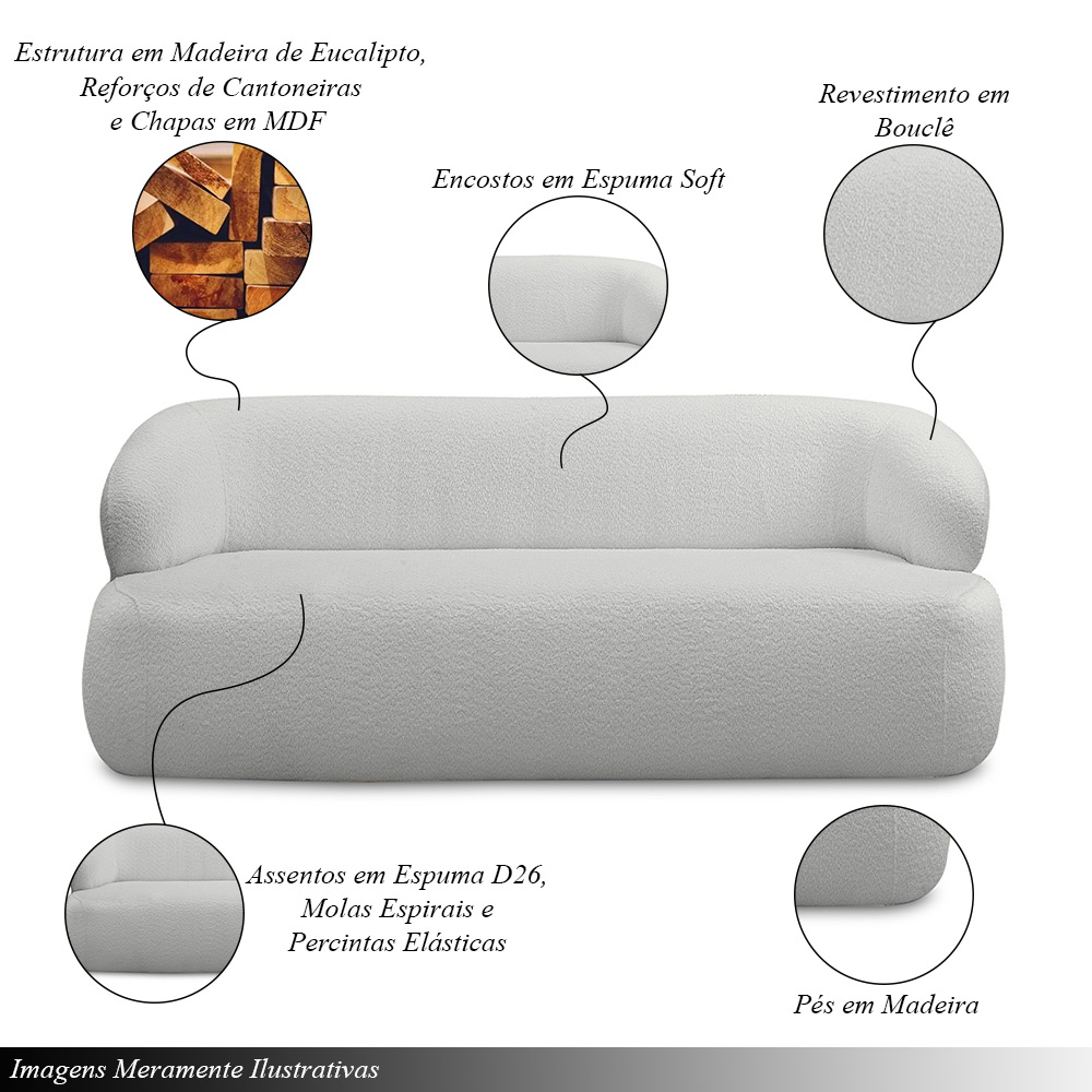 Conjunto Sala de Estar Decorativo Charlote 1 Sofá 180cm 2 Lugares 1 Poltrona Base Giratória em Aço com Puff Bouclê Cinza G88 - Gran Belo
