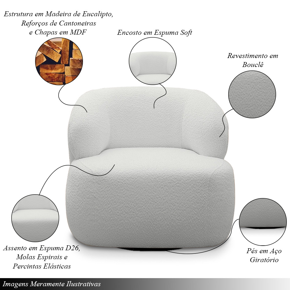 Conjunto Sala de Estar Decorativo Charlote 1 Sofá 180cm 2 Lugares 1 Poltrona Base Giratória em Aço com Puff Bouclê Cinza G88 - Gran Belo