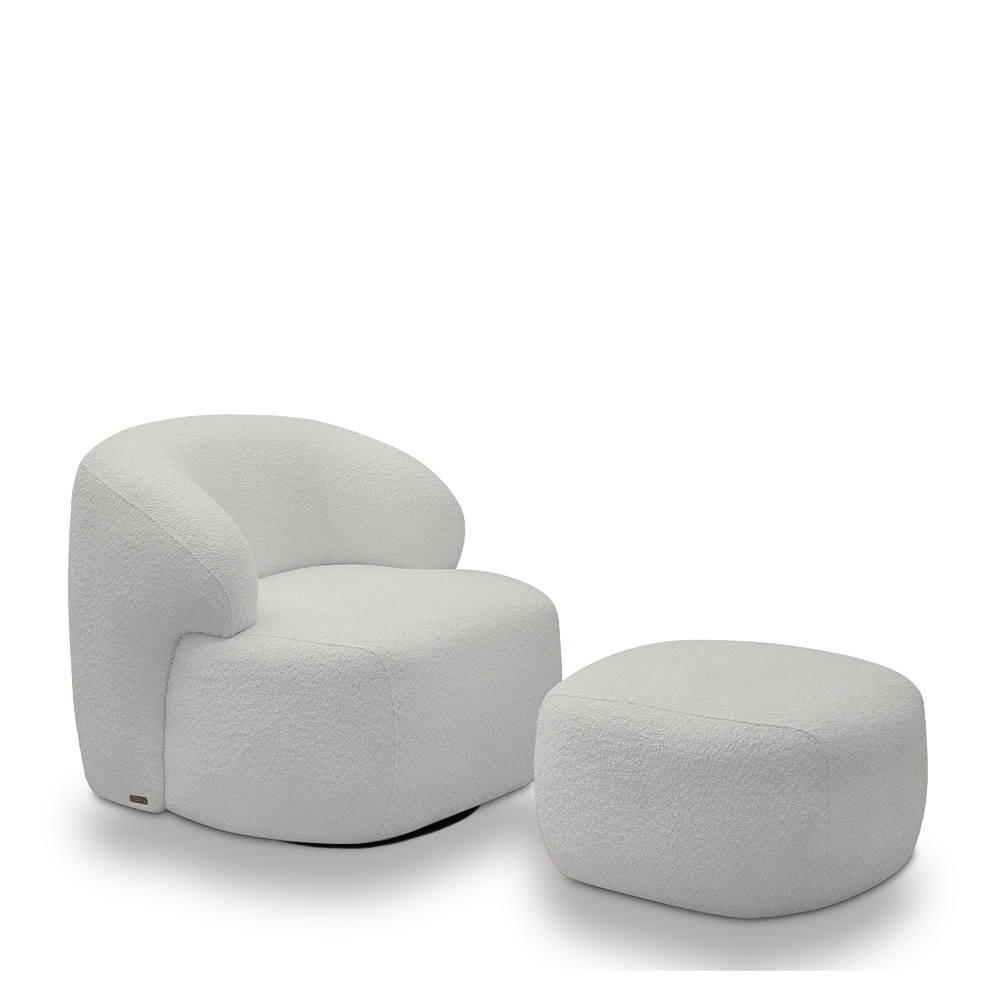 Conjunto Sala de Estar Decorativo Charlote 1 Sofá 180cm 2 Lugares 1 Poltrona Base Giratória em Aço com Puff Bouclê Cinza G88 - Gran Belo