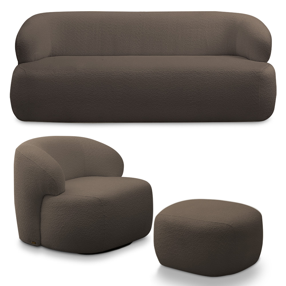 Conjunto Sala de Estar Decorativo Charlote 1 Sofá 180cm 2 Lugares 1 Poltrona Base Giratória em Aço com Puff Bouclê Marrom G88 - Gran Belo