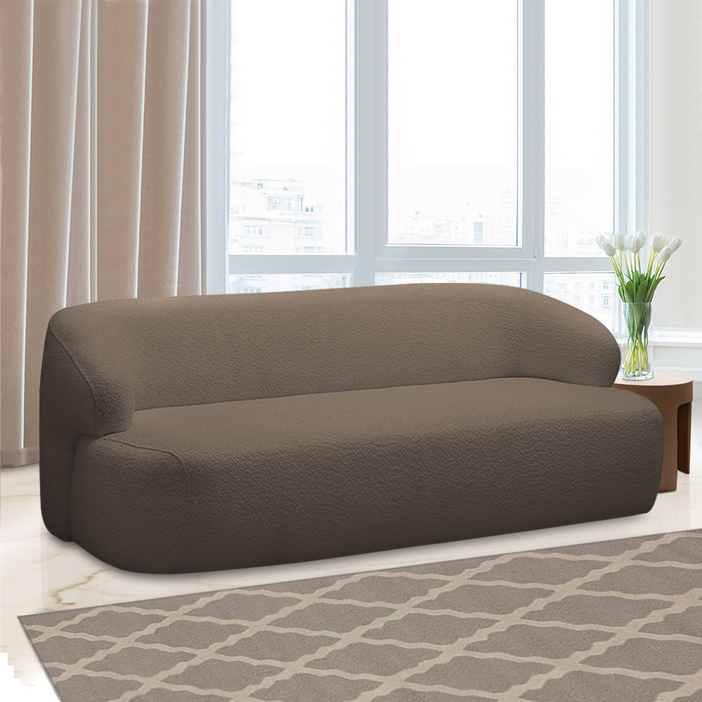 Conjunto Sala de Estar Decorativo Charlote 1 Sofá 180cm 2 Lugares 1 Poltrona Base Giratória em Aço com Puff Bouclê Marrom G88 - Gran Belo