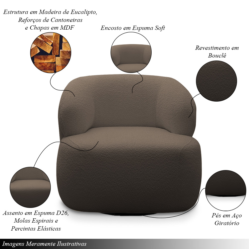 Conjunto Sala de Estar Decorativo Charlote 1 Sofá 180cm 2 Lugares 1 Poltrona Base Giratória em Aço com Puff Bouclê Marrom G88 - Gran Belo