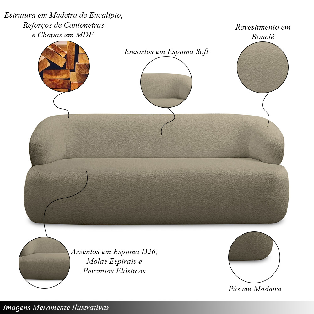 Conjunto Sala de Estar Decorativo Charlote 1 Sofá 180cm 2 Lugares 1 Poltrona Base Giratória em Aço com Puff Bouclê Nude G88 - Gran Belo