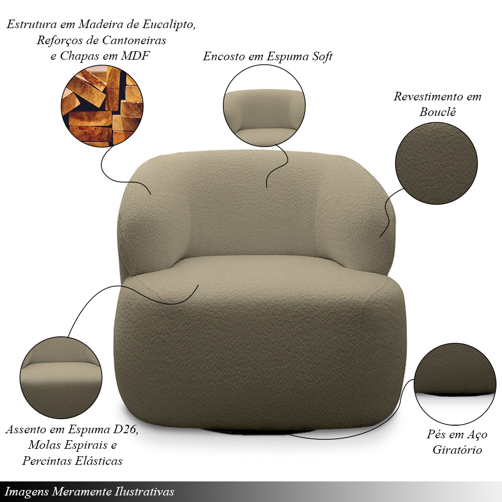 Conjunto Sala de Estar Decorativo Charlote 1 Sofá 180cm 2 Lugares 1 Poltrona Base Giratória em Aço com Puff Bouclê Nude G88 - Gran Belo