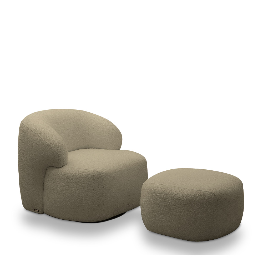 Conjunto Sala de Estar Decorativo Charlote 1 Sofá 180cm 2 Lugares 1 Poltrona Base Giratória em Aço com Puff Bouclê Nude G88 - Gran Belo