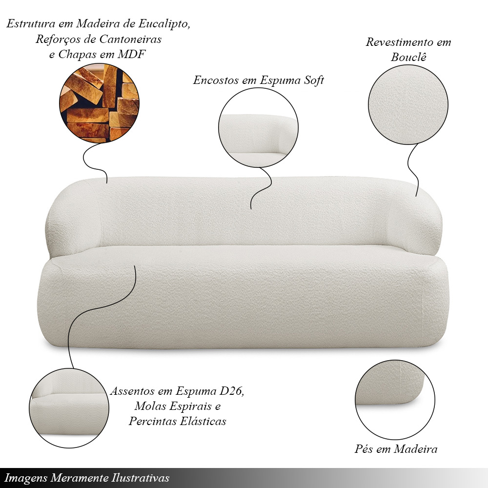 Conjunto Sala de Estar Decorativo Charlote 1 Sofá 180cm 2 Lugares 1 Poltrona Base Giratória em Aço com Puff Bouclê Off White G88 - Gran Belo