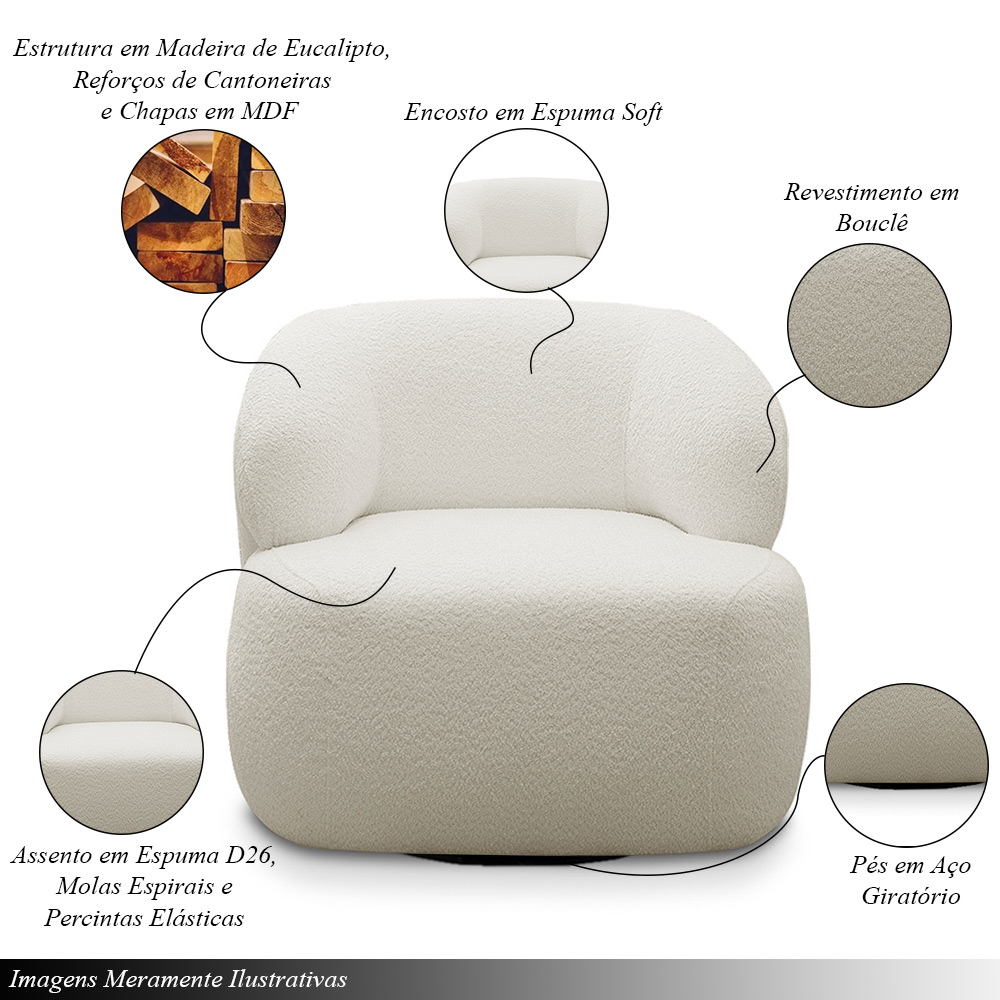 Conjunto Sala de Estar Decorativo Charlote 1 Sofá 180cm 2 Lugares 1 Poltrona Base Giratória em Aço com Puff Bouclê Off White G88 - Gran Belo