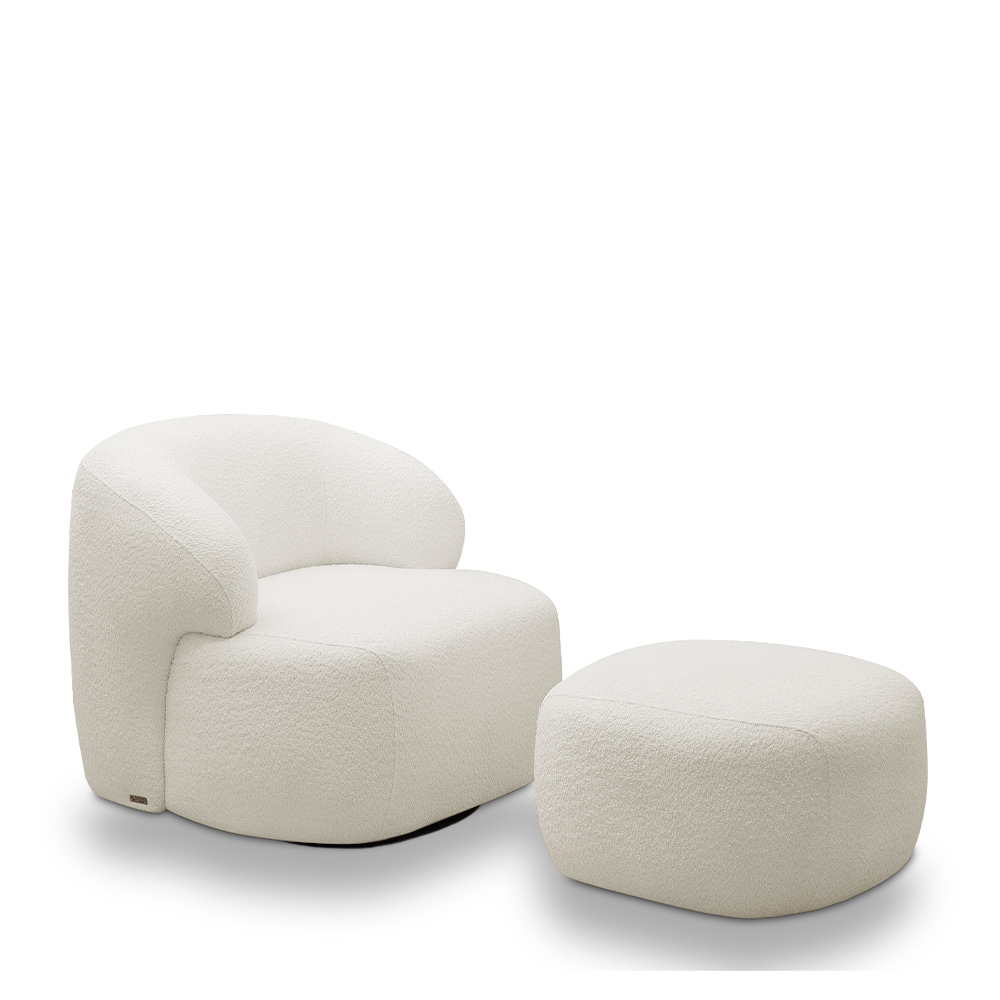 Conjunto Sala de Estar Decorativo Charlote 1 Sofá 180cm 2 Lugares 1 Poltrona Base Giratória em Aço com Puff Bouclê Off White G88 - Gran Belo