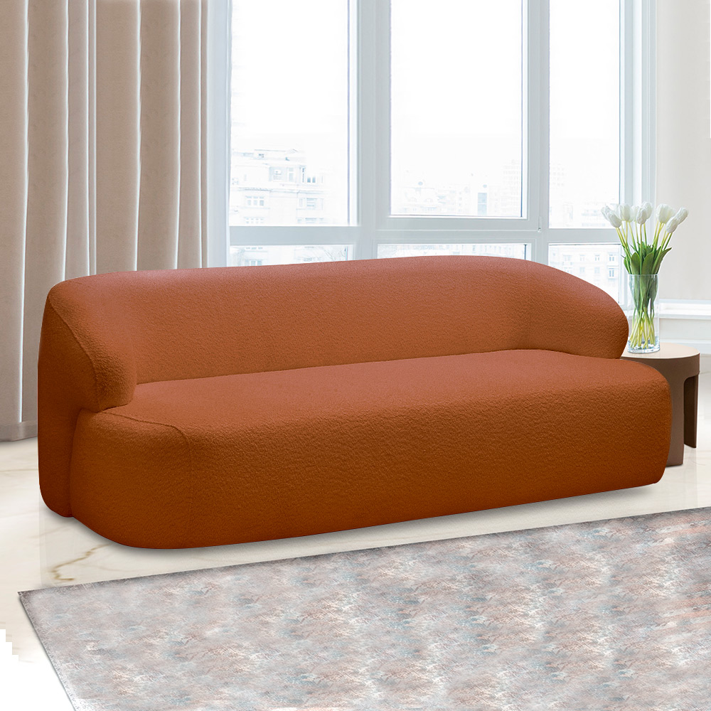 Conjunto Sala de Estar Decorativo Charlote 1 Sofá 180cm 2 Lugares 1 Poltrona Base Giratória em Aço com Puff Bouclê Terracota G88 - Gran Belo