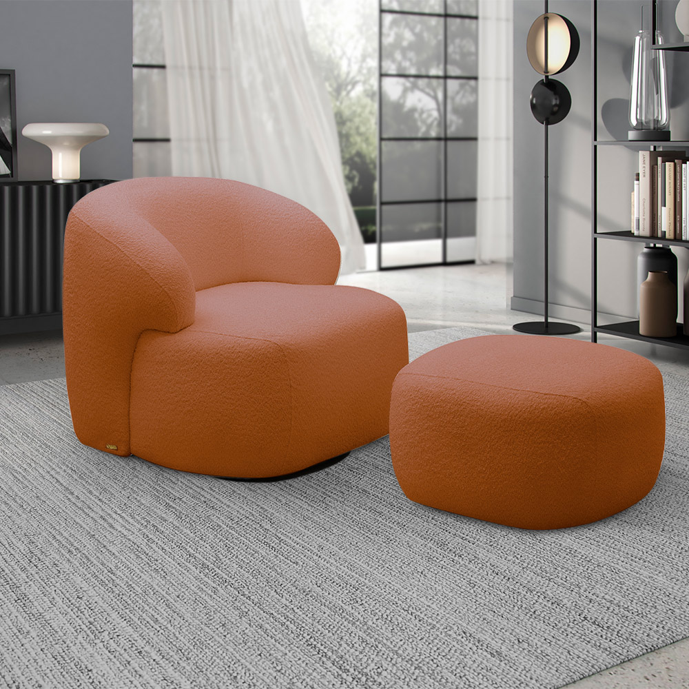 Conjunto Sala de Estar Decorativo Charlote 1 Sofá 180cm 2 Lugares 1 Poltrona Base Giratória em Aço com Puff Bouclê Terracota G88 - Gran Belo