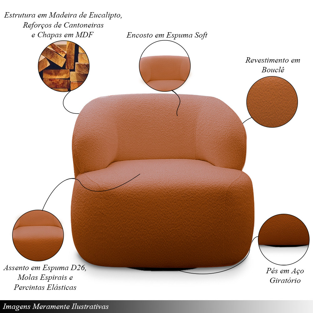 Conjunto Sala de Estar Decorativo Charlote 1 Sofá 180cm 2 Lugares 1 Poltrona Base Giratória em Aço com Puff Bouclê Terracota G88 - Gran Belo