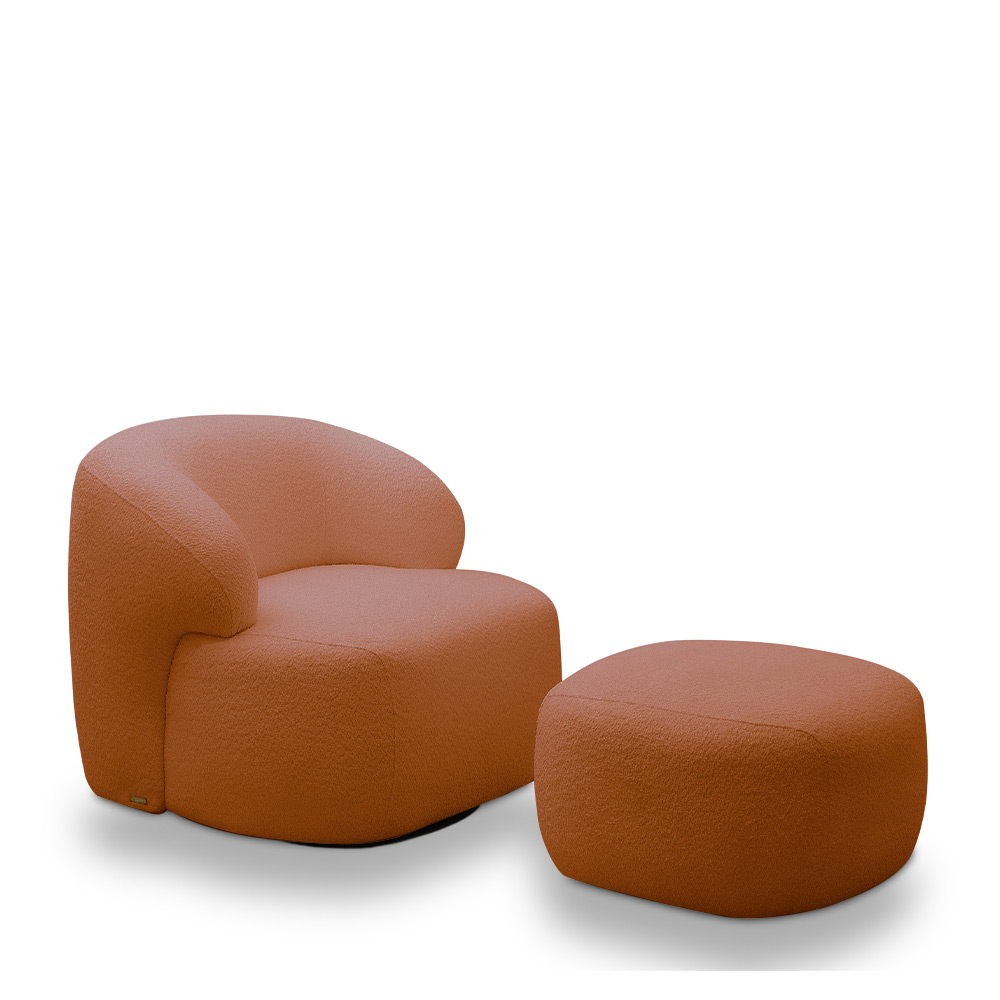 Conjunto Sala de Estar Decorativo Charlote 1 Sofá 180cm 2 Lugares 1 Poltrona Base Giratória em Aço com Puff Bouclê Terracota G88 - Gran Belo