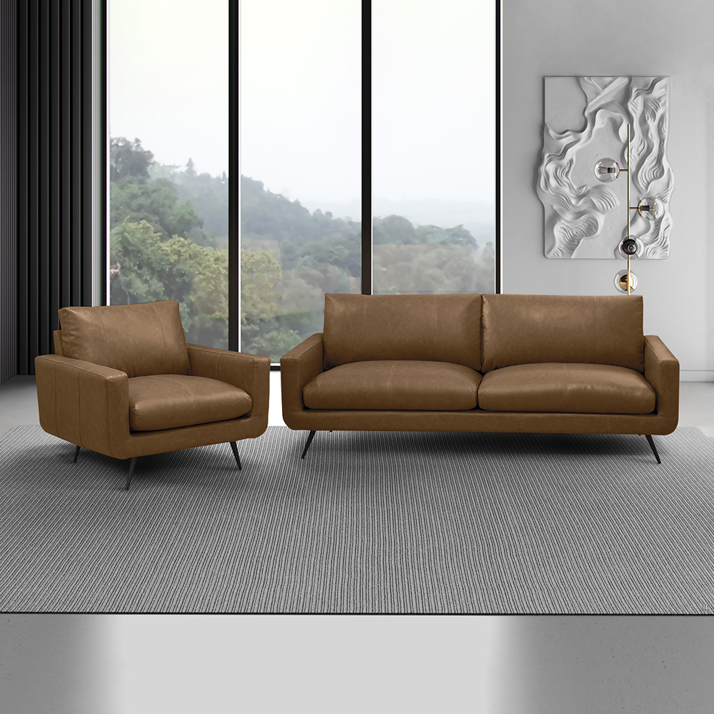 Conjunto Sala de Estar Decorativo Paloma 1 Sofá 2 Lugares 183cm 1 Poltrona Pés em Aço Couro Marrom Claro Manchado G88 - Gran Belo